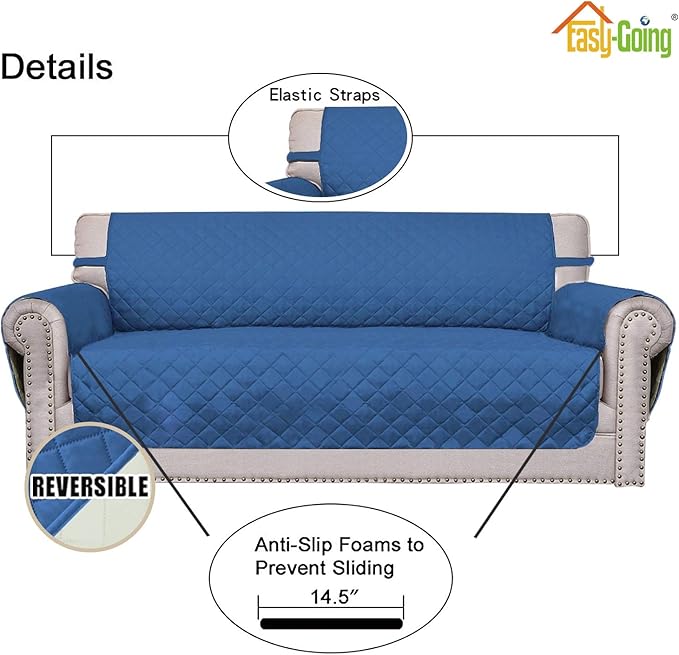 Easy-Going 4 Seater Sofa Slipcover Reversible Sofa Cover Water Resistant Couch Cover with Foam Sticks Elastic Straps Furniture Protector for Pets Children Dog Cat (XX-Large, Blue/Ivory)