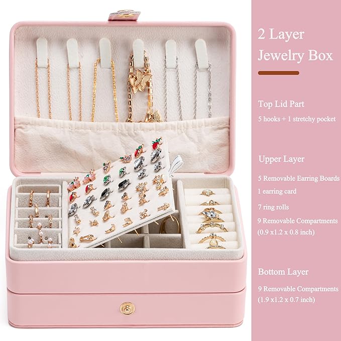 MODENGKONGJIAN Jewelry Organizer Box, 2-Layer Large Jewelry Storage Case, Portable Travel Jewelrys Display Holder for Earrings, Necklaces, Bracelets (Pink, PU Leather)