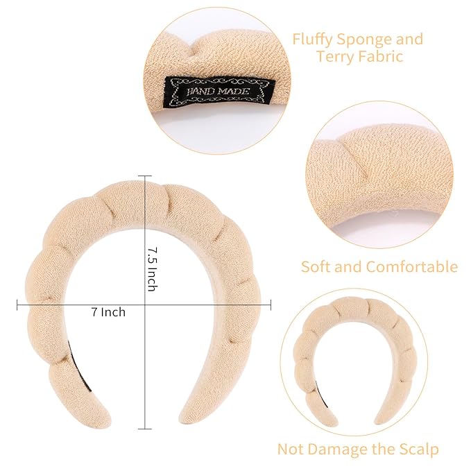 Chanaco Spa Headband - Sponge Hair Band for Washing Face Makeup, Skincare & Face Wash - Black, Khaki - Trendy Gift for Teen Girls & Women
