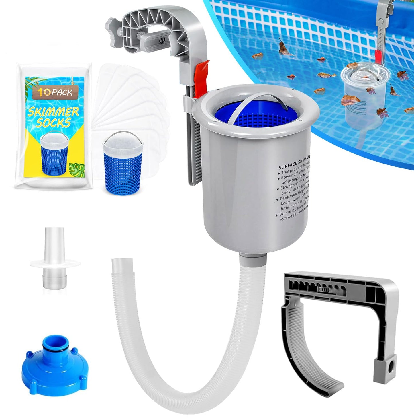 ROMIVO Above Ground Pool Skimmer with 10 PCS Skimmer Socks, Floating Pool Surface Skimmer Basket for Above Ground Pool, Compatible with Intex Inflatable Pools, Efficiently Removes Leaves Debris