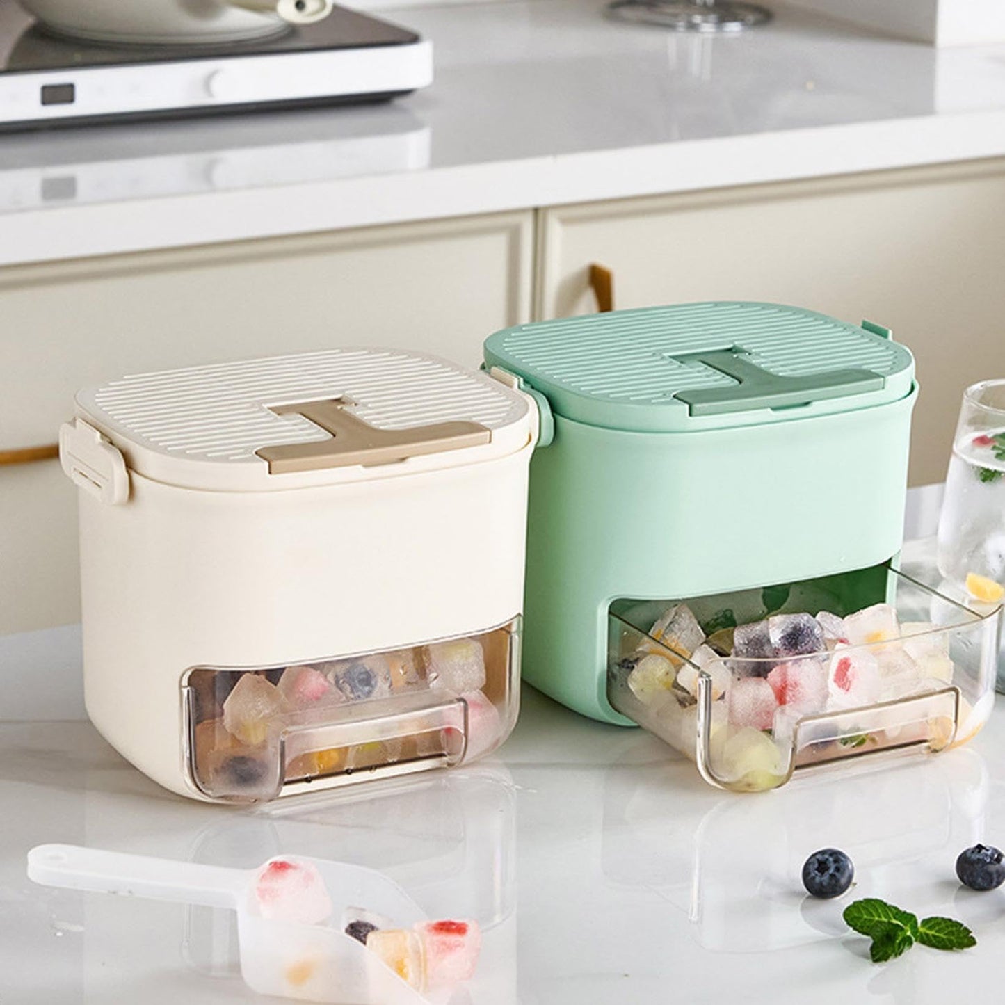 Portable ice Maker for Freezer,countertop ice Maker Machine with Handle,48 Grid ice Making Box for Household,one-Touch Operation ice Cube Mold Plastic ice Bucket for Home Office Outdoor (Green)