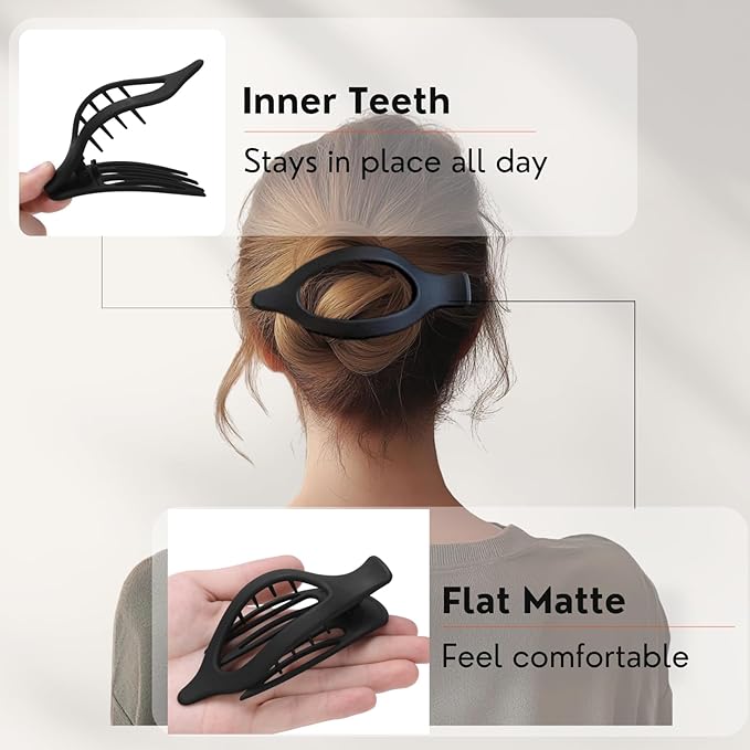 8 Pack Flat Black Hair Clips for Women – Large Matte No-Slip Flat Black Claw Clips for Thick & Thin Hair, Strong Hold French Styling Accessories