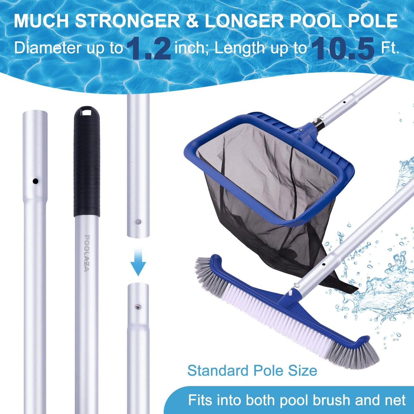 POOLAZA Pool Cleaning Kit, Including Pool Brush & Ultra Fine Mesh Pool Skimmer Net with Pole, Pool Net Skimmer & 17.5'' Pool Brush Head with 10.5ft Aluminum Pool Pole, Pool Net and Brush with Pole