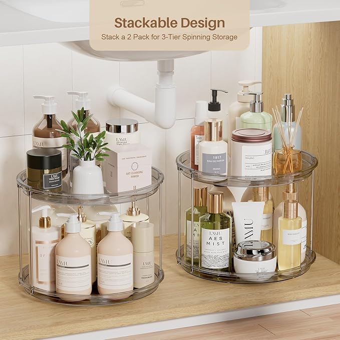 LAMU 2Pack 2 Tier Lazy Susan Organizer 12 inch Large Lazy Susan Turntable Rotating Spice Rack Organization for Cabinet, Kitchen, Pantry, Countertop, Bathroom, Vanity, Medicine Cabinet Organizer, Grey