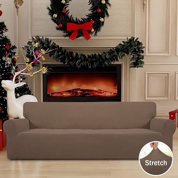 Easy-Going Stretch 4 Seater Sofa Slipcover 1-Piece Sofa Cover Furniture Protector Couch Soft with Elastic Bottom for Kids, Polyester Spandex Jacquard Fabric Small Checks Brown
