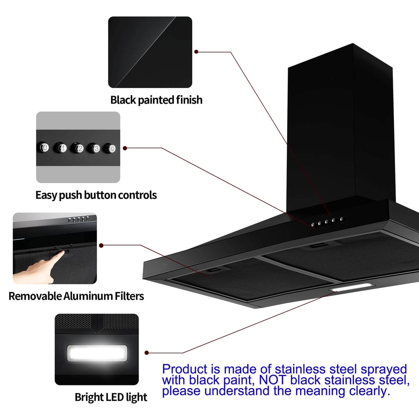 SNDOAS 24 inch Range Hood Black,Stainless Steel Chimney-Style Kitchen Hood, Ductless Stove Hood Vent with Energy Saving LED Light,Wall Mount Vent Hood, Push Button 3-Speed Exhaust Fan