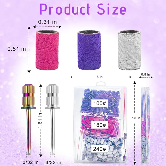 Nail Drill Sanding Bands Set - 300pcs Coarse & Fine Grit Bands (100#180#240#) with 3/32' Mandrel Bits for Manicure