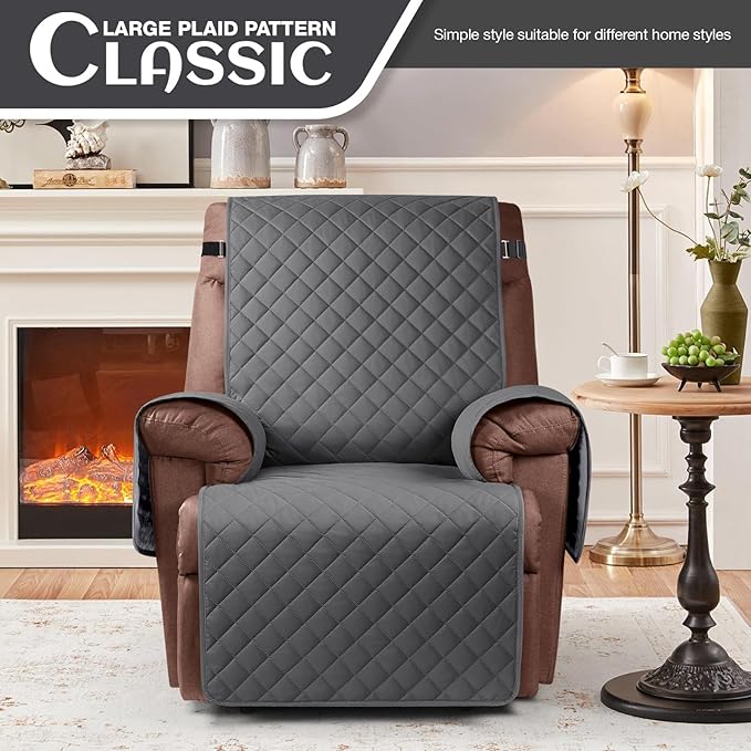 KinCam 100% Waterproof Recliner Chair Cover, Reclining Couch Covers for Pets, Dogs, Recliner Couch Slipcover Furniture Protector with Elastic Straps for Kids(23.6", Charcoal Gray)