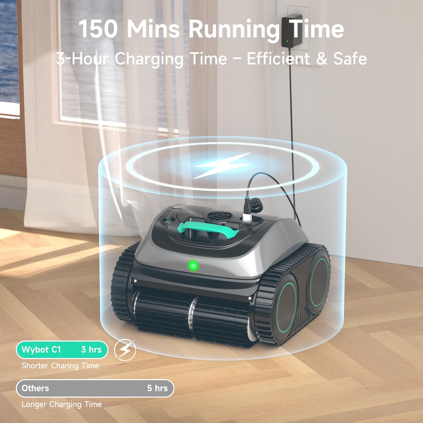 WYBOT Pool Vacuum for Inground Pools, 4-in-1 Cordless Robotic Pool Cleaner for Above Ground Pools, Triple-Motor up to 1,614 Sq.ft, Wall & Waterline Cleaning, WiFi & Bluetooth (Grey with Green)