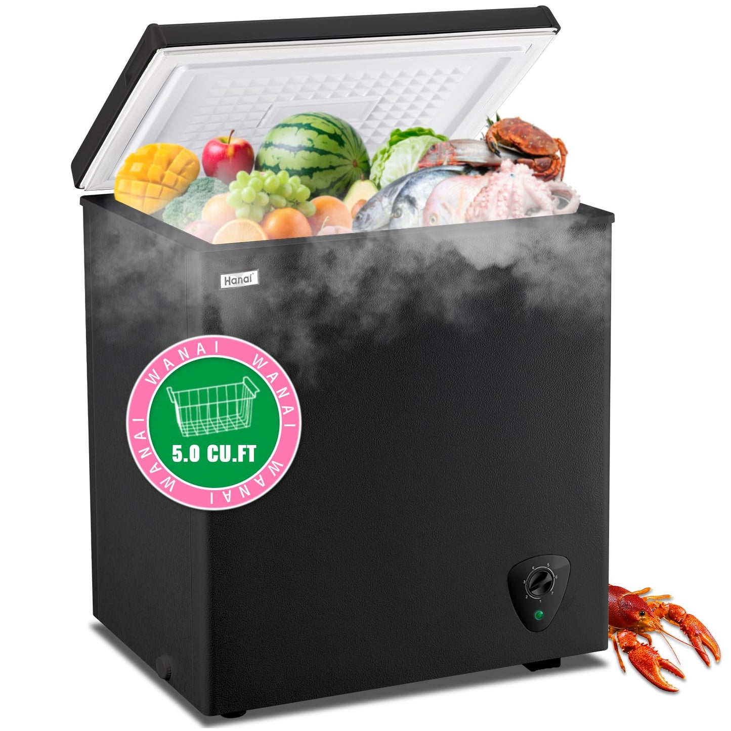 Deep Freezer WANAI 5.0 Cubic Chest Freezer with Top Open Door and Removable Storage Basket, 7 Gears Temperature Control, Energy Saving, Ideal for Office Dorm or Apartment