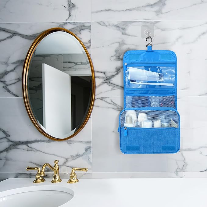Large Capacity Toiletry Bag Travel Bag with Hanging Hook for Men and Women Waterproof Travel Cosmetic Bag Bathroom Storage Bag for Brushes Set, Full-Sized Shampoo, Toiletries, (Sky Blue)