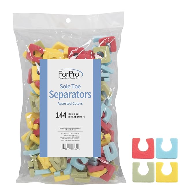 ForPro Sole Toe Separators, Assorted Colors, Individual Pedicure Toe Separators, 1” W x 1” L, 144-Count
