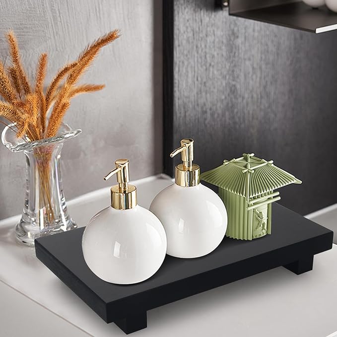 Black Wooden Bathroom Tray Decorative Kitchen Countertop Trays Farmhouse Wood Riser Pedestal Stand Dish Soap Dispenser Holder for Kitchen Counter Bathroom Sink Organizer Accessories Decor Vanity Tray