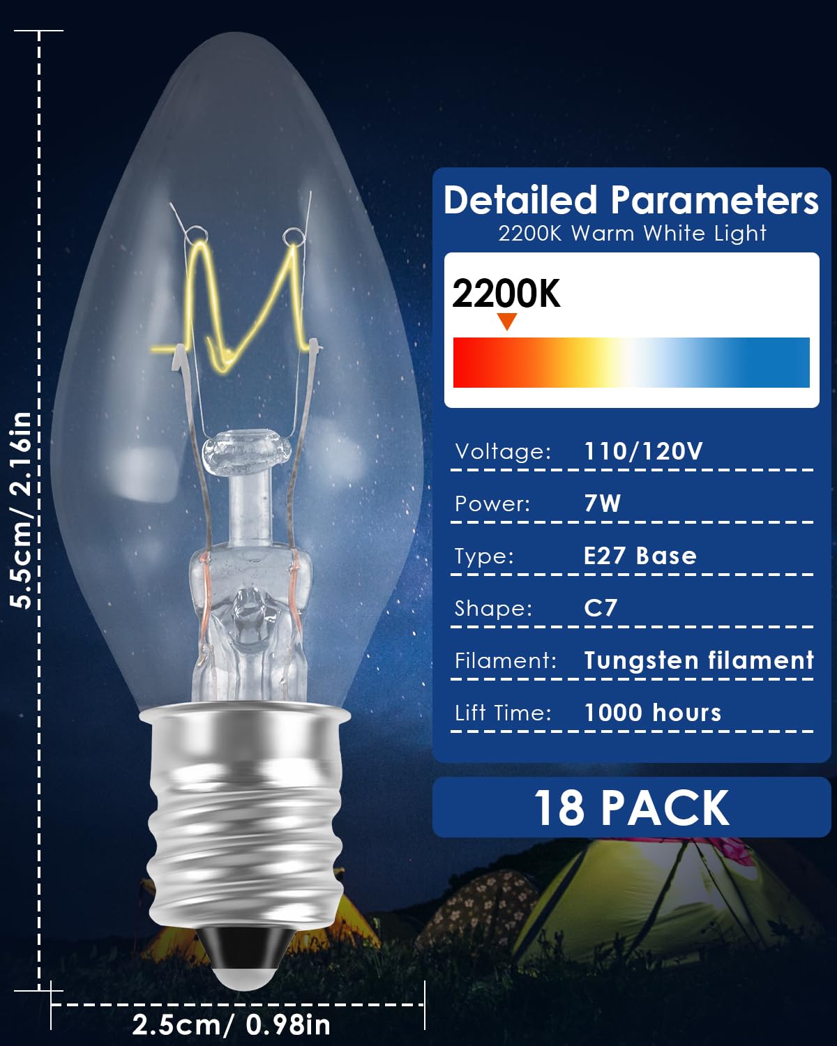 PACETAP 18Pack 7W C7 Night Light Replacement Bulbs with E12 Candelabra Base for Salt Lamps, Window Candles and Chandeliers, C7 Nightlight Bulb for Outdoor String Lights Warm White 2200k