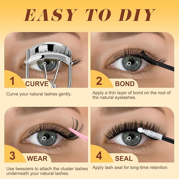 QUEWEL 580PCS Lash Clusters Kit 30D+40D+50D+60D+80D+100D Lashes Clusters Kit 10-18mm Cluster Lashes Individual Eyelash Clusters Reusable for Natural DIY Cluster Eyelash Extensions for Beginners