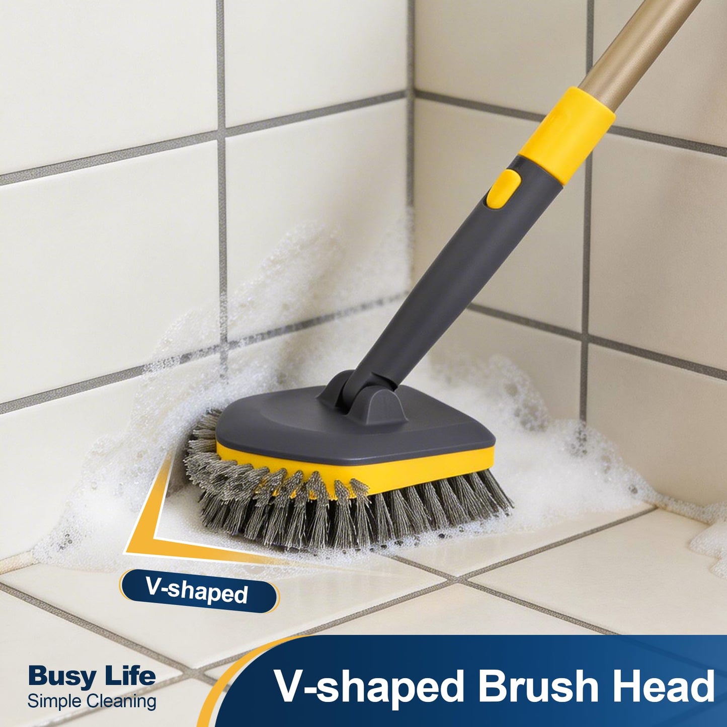 Yocada Tub Tile Scrubber Brush 2 in 1 Cleaning Brush Telescopic Pole Stiff Edge Bristles 4*Scouring Pads for Bathroom Shower Floor Corner Cleaning Non Scratch 58.2"