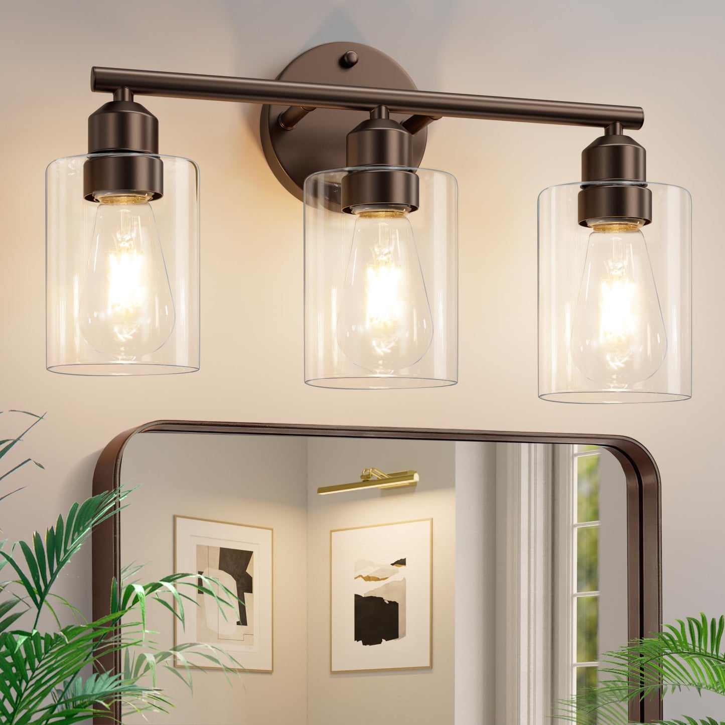 Percantis 3-Light Bathroom Vanity Light Fixture, Modern Wall Lamp for Mirror with Clear Glass Shade (D-Clear Glass & Brown)