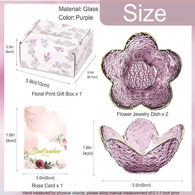 Gifts for Women Purple Flower Jewelry Dish Glass Ring Holder Decorative Jewelry Tray Cute Vanity Room Decor Aesthetic Nightstand Bathroom Decor Trinket Dish Friendship Birthday Christmas Gifts (2pcs)