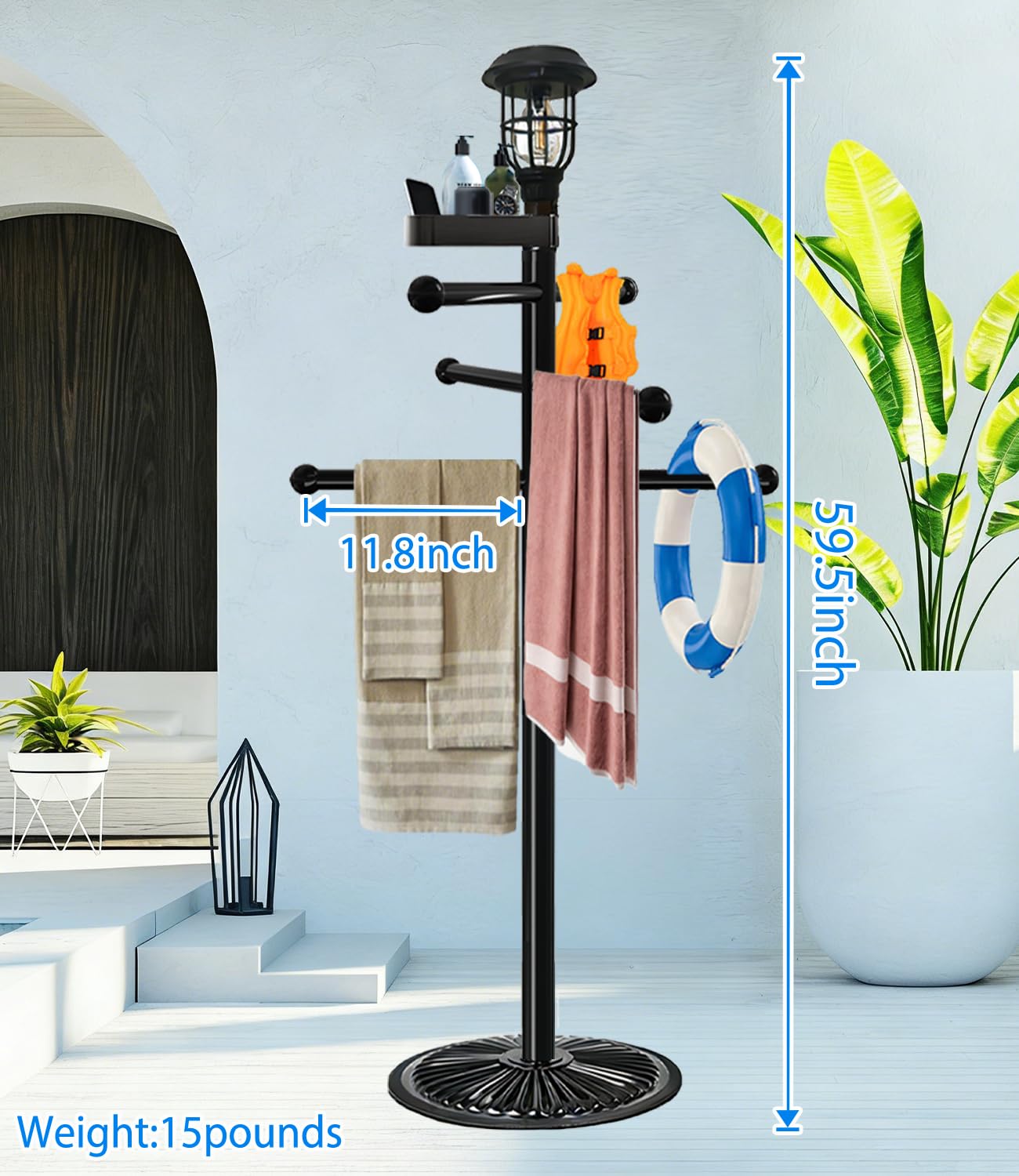 i365AMZ Pool Outdoor Towel Rack with Solar Light, 6 Bars with Top Tray Metal Heavy Duty Pool Accessories with Heavy Metal Base, Hot Tub Accessories for Pool and spa
