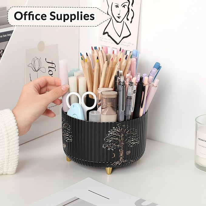 SKYDUE 360 Degree Rotating Desk Organizer, Dual-Purpose Pencil Pen Holder for Desktop, Desk Pen Organizer with 5 Slots, Office Supplies, Pencil Cup for Office, School, Home