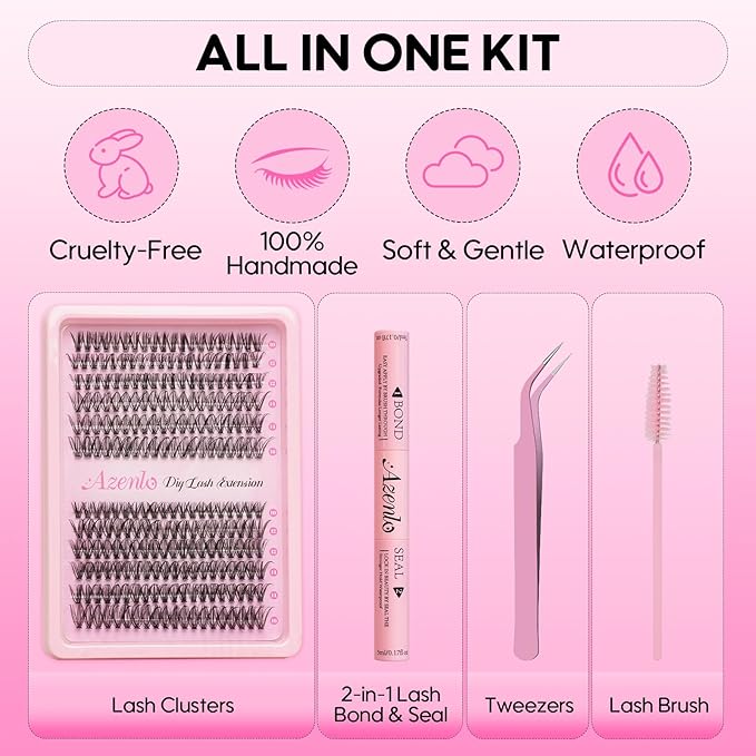 Azenlo DIY Lash Extensions Kit - 240pcs 30D+40D Thin Band Lash Clusters, 10-16mm Soft Natural & Voluminous Lashes for Beginners(30D+40D KIT)