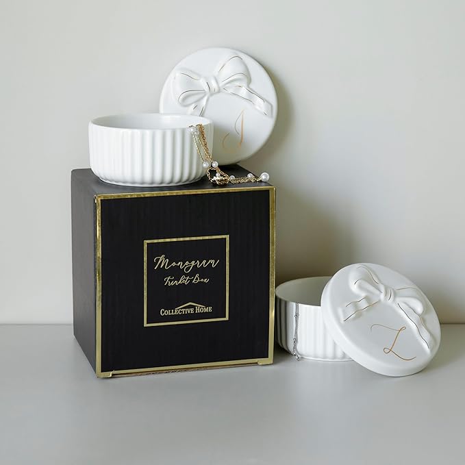 COLLECTIVE HOME - Monogram Jewelry Box with Bow, Christmas Gift Ideas for Women, Small Gift for Girlfriend Wife, Ring Holder, Earrings Dish, Birthday Gift for Her (B)
