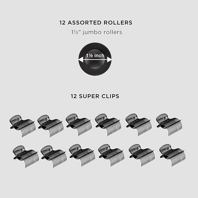Conair Hot Rollers for Long,Medium & Short Hair,12 Jumbo 1 ÃÂ½" Heated Hair Rollers with Clips,Hot Curlers for Women,Volume & Curls,Amazon Exclusive,Black,(Pack of 4)