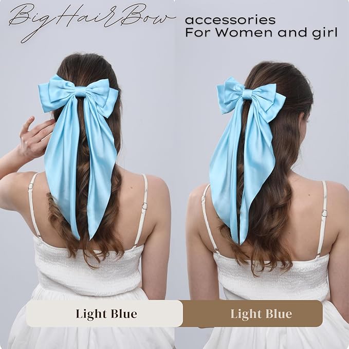2PCS Big Hair Bow Clips for Women Girls Ã¢ÂÂ Light Blue Satin Ribbon Bow Barrettes with Long Tails, Large Pastel Hair Accessories for Ponytail, Spring & Casual Styling