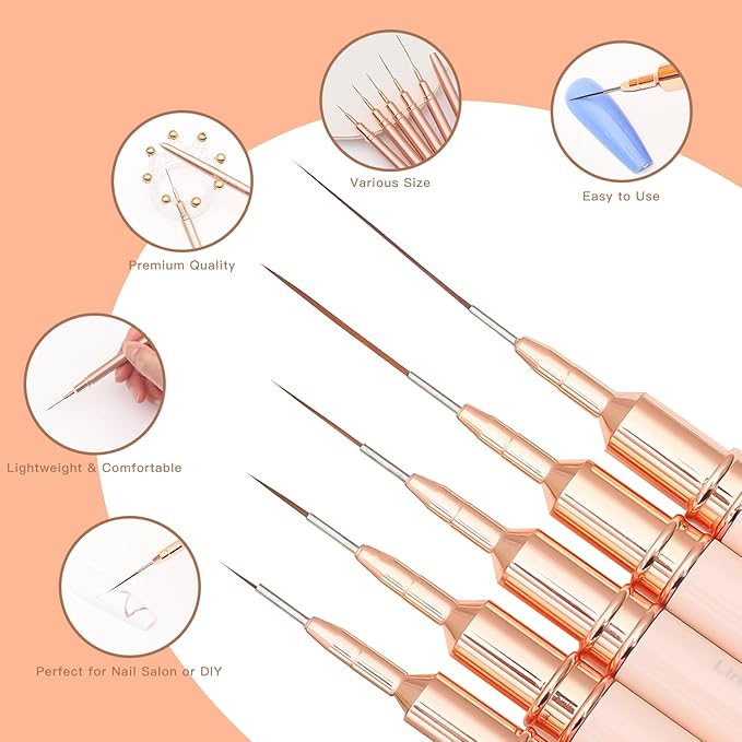 Metallic Nail Art Brushes, 5Pcs Liner Brush Set, UV Gel Polish Painting Art Design Pen for Long Lines, Thin Details, Fine Drawing Sizes 4/8/12/20/25mm(Champagne Gold)