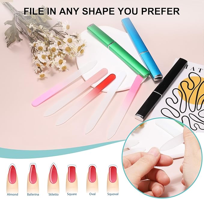 HARFINGTON Glass Nail File Kit 280 Grit Double Sided Professional Manicure Crystal Fingernail Files with Case for Natural Nail Art Shine Polishing Buffer, Light Red