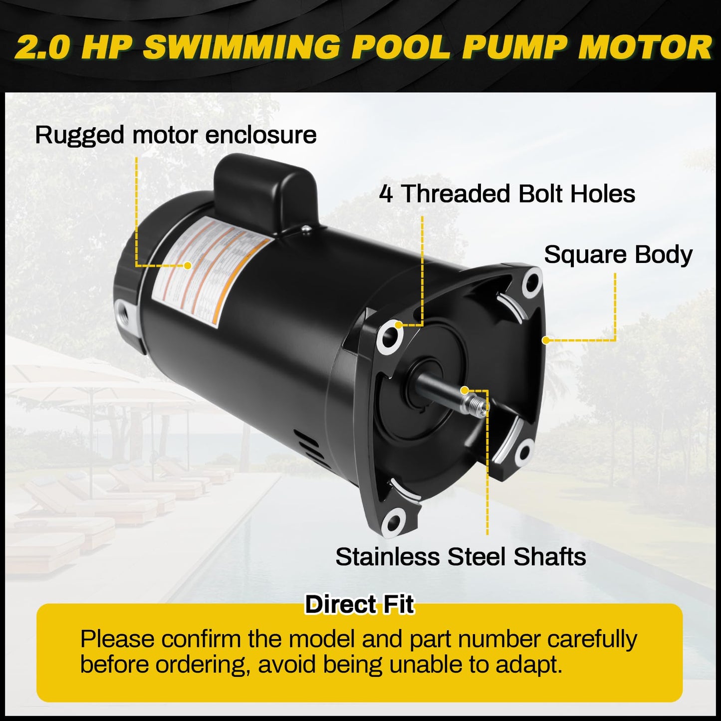 2 HP Pool Pump Motor Compatible with A.O. Smith Century ‎B2855 ‎B855, for Pentair Sta-Rite Whisperflo Challenger Pinnacle Anthony AR2 Series Pumps, 2HP Single Speed Square Pool Motor, 230 V, 1.5 KW