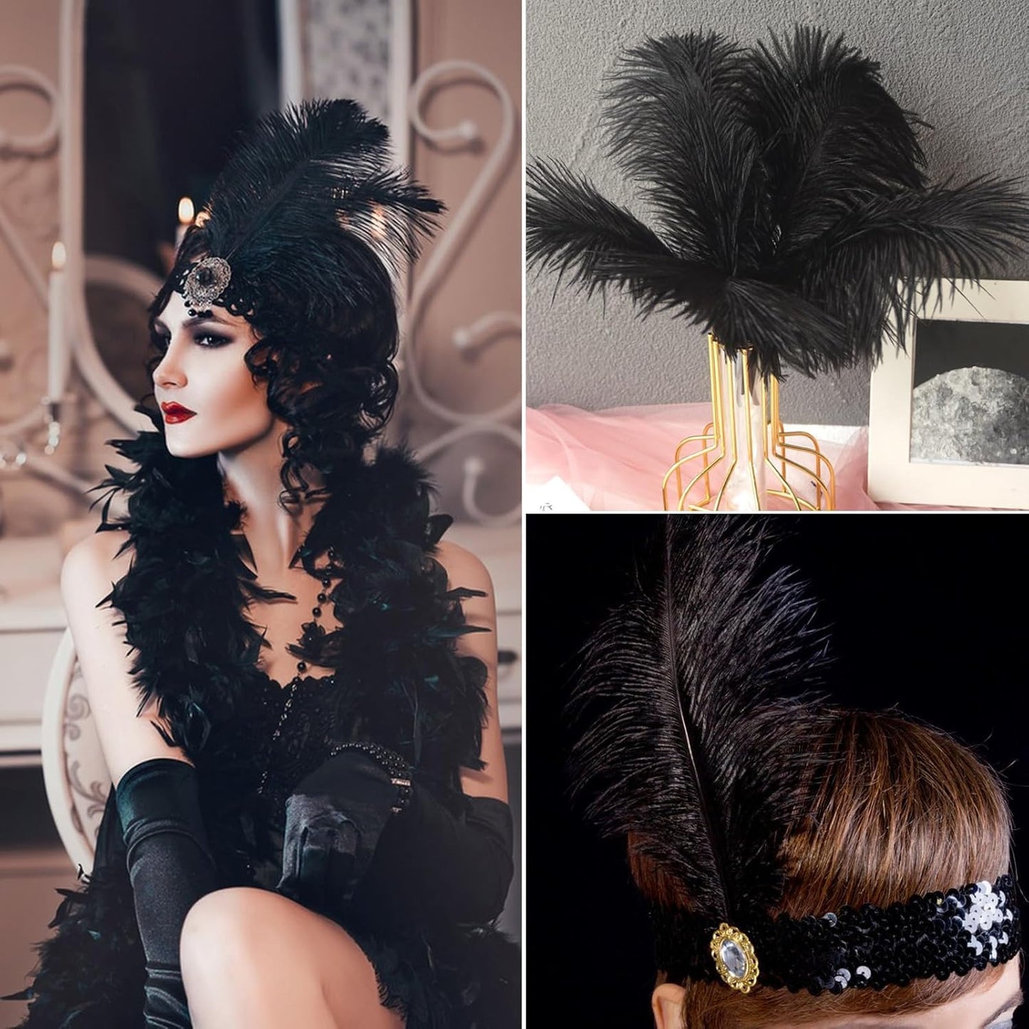 NEWONG 30pcs Black Ostrich Feathers Natural Bulk 13-16in(33-40cm) Vase Craft Wedding Home Party Centerpieces Christmas Day Decoration