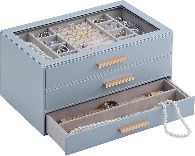 Lolalet Jewelry Box Organizer, 3-Layer Jewelry Organizers and Storage Case with Glass Lid, Ring Earring Bracelet Necklace Holder Organizer, Birthday Valentine Gifts for Women Girls -3Layer, HazeBlue