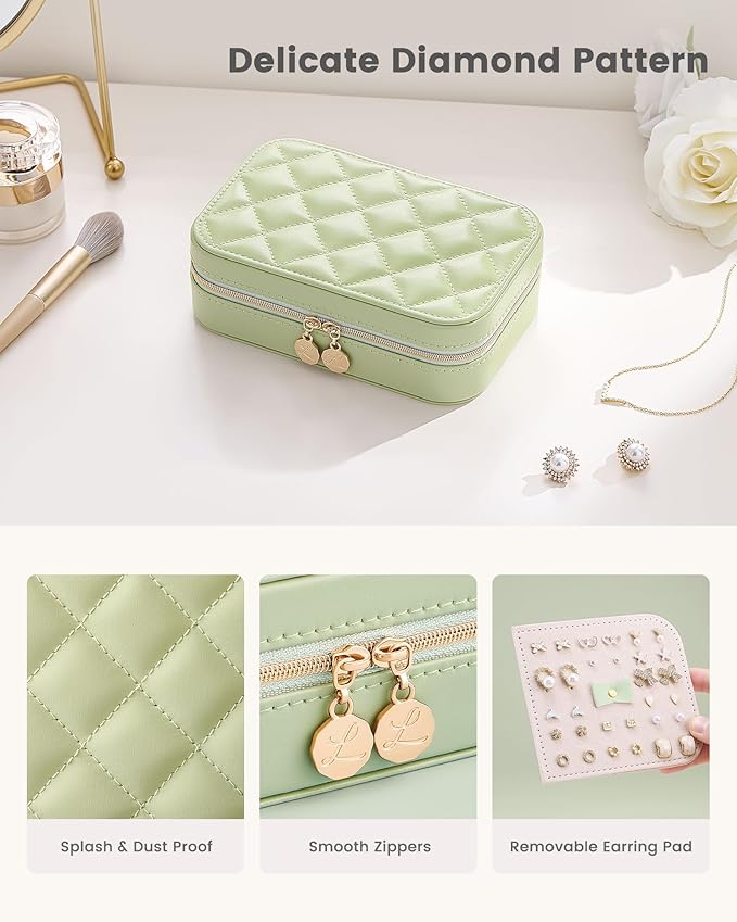 Lolalet Travel Jewelry Case for Women Girls, Travel Jewelry Organizer with Clear Storage Bag Small Portable Jewelry Box for Necklace Bracelet Earring Ring Birthday Bridesmaid Gifts -Medium/Green