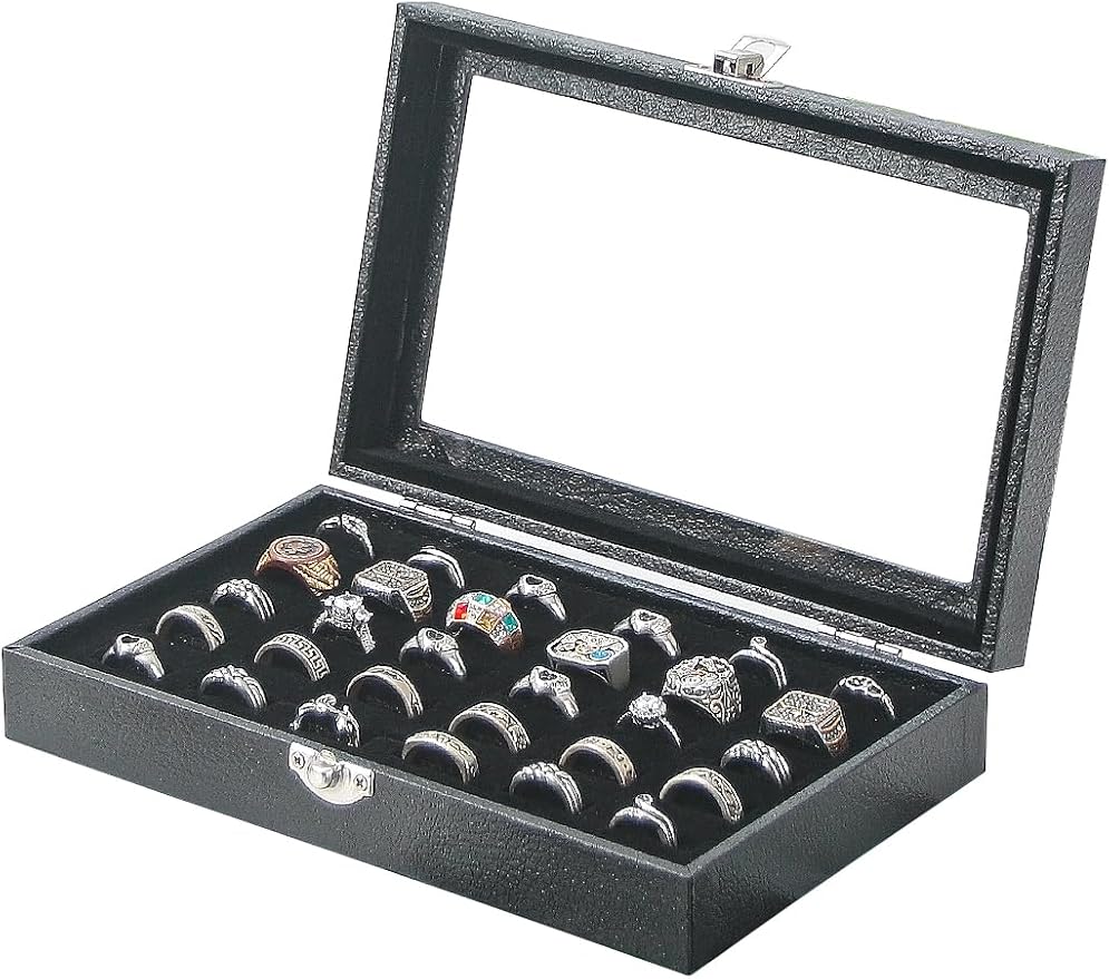 Ring Holder Organizer Box,Jewelry Ring Display Case, Earring Necklace Storage Tray With Top Glass Lid (Black, 30 Slots Ring)
