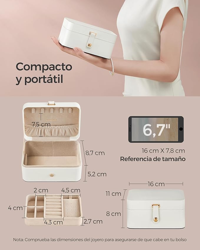 SONGMICS Jewelry Organizer Box, Travel Jewelry Case, 2-Layer Travel Case for Earrings, Necklaces, Bracelets - Portable Jewelry Storage with Large Capacity, Gift Idea, Cloud White UJBC166W01