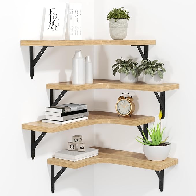 ROMGUAR CRAFT Corner Floating Shelves Wall Mounted Set of 4, Rustic Wood Storage Display Shelves for Home Decor, Bathroom, Kitchen, Bedroom, Living Room, Office (Natural)