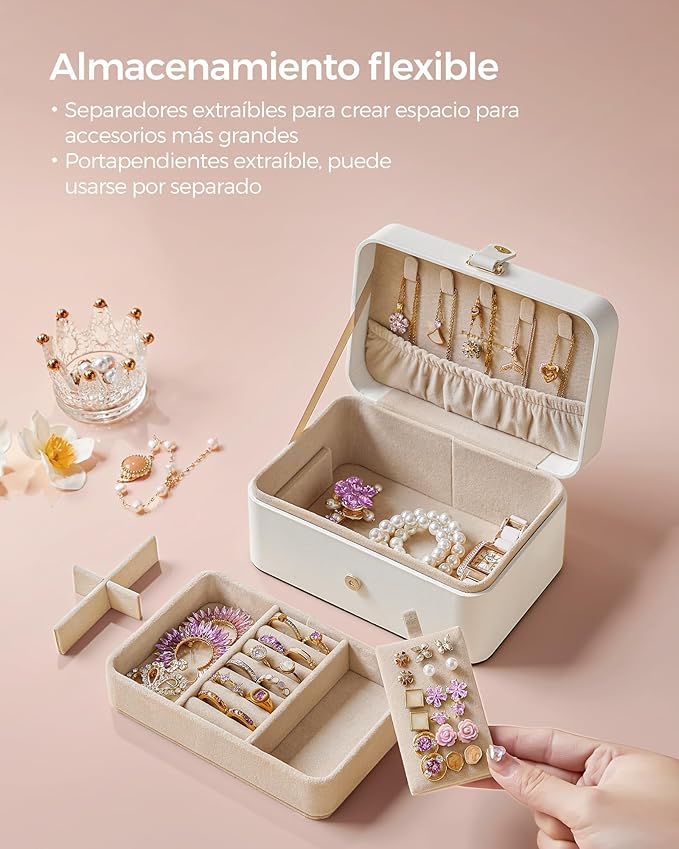 SONGMICS Jewelry Organizer Box, Travel Jewelry Case, 2-Layer Travel Case for Earrings, Necklaces, Bracelets - Portable Jewelry Storage with Large Capacity, Gift Idea, Cloud White UJBC166W01