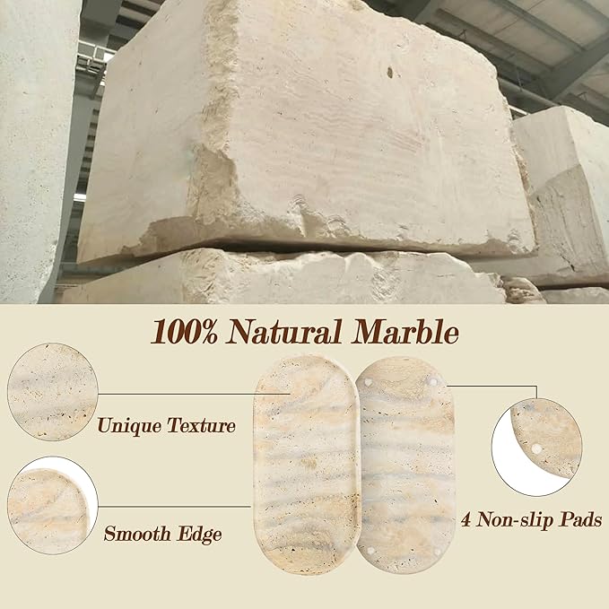 YMXYJM Genuine Real Natural Marble Tray for Bathroom, Luxury Ultra White Travertine Stone Vanity Tray, Decorative Oval Trays for Countertop Storage, Vanity, Dresser, Kitchen, Home Decor, 11.9"*5.8"