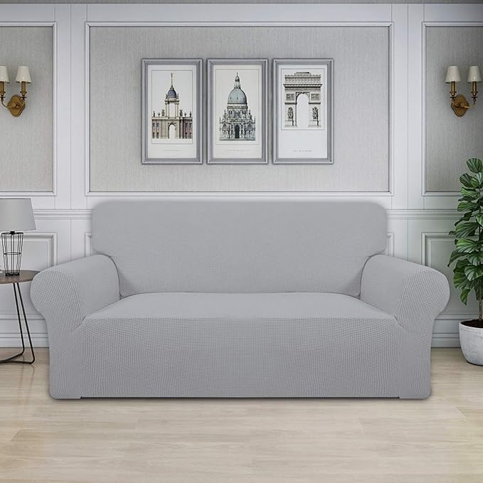 Easy-Going Stretch Oversized Loveseat Slipcover 1-Piece Sofa Cover Furniture Protector Couch Soft with Elastic Bottom for Kids Polyester Spandex Jacquard Fabric Small Checks Silver Gray