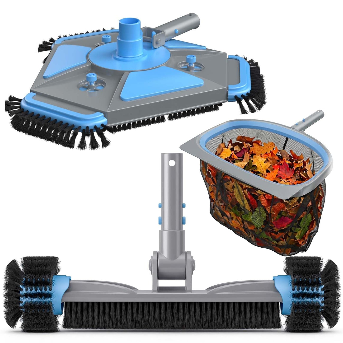UIRWAY 3-in-1 Deluxe Swimming Pool Cleaning Kit - Includes Upgrade Heavy Duty Triangular Pool Vacuum Head, Detachable Brush, Deep Leaf Skimmer Net Inground & Above Ground Pools Cleaning(No Pole)
