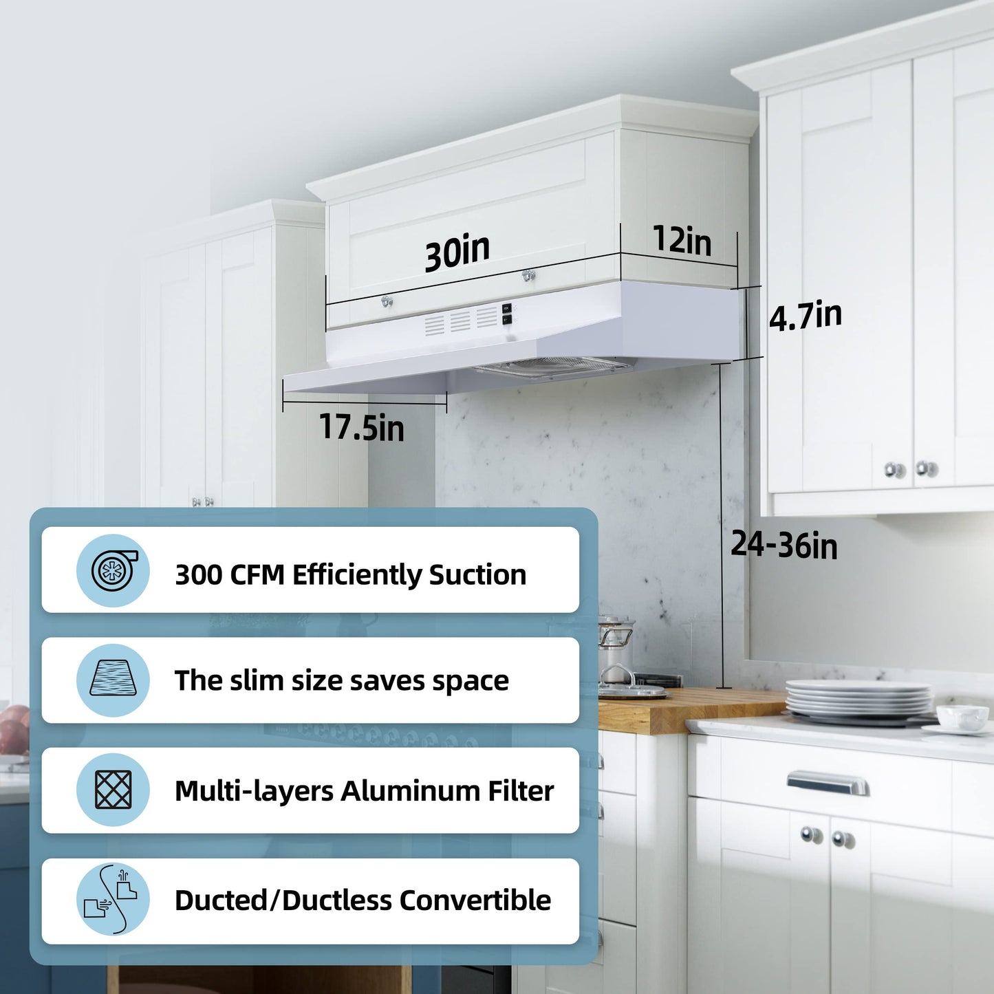 FIREGAS Range Hood 30 inch Under Cabinet Range Hood with 2 Speed Exhaust Fan,Ducted/Ductless Convertible,Rocker Button Control,300 CFM, White Vent Hood Aluminum Filter Included