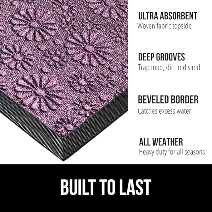 GORILLA GRIP 100% Waterproof All-Season WeatherMAX Doormat, 23x35, Durable Natural Rubber, Stain and Fade Resistant, Low Profile, Indoor Outdoor Doormats, Easy Clean Entry Mat, Purple Confetti Daisy