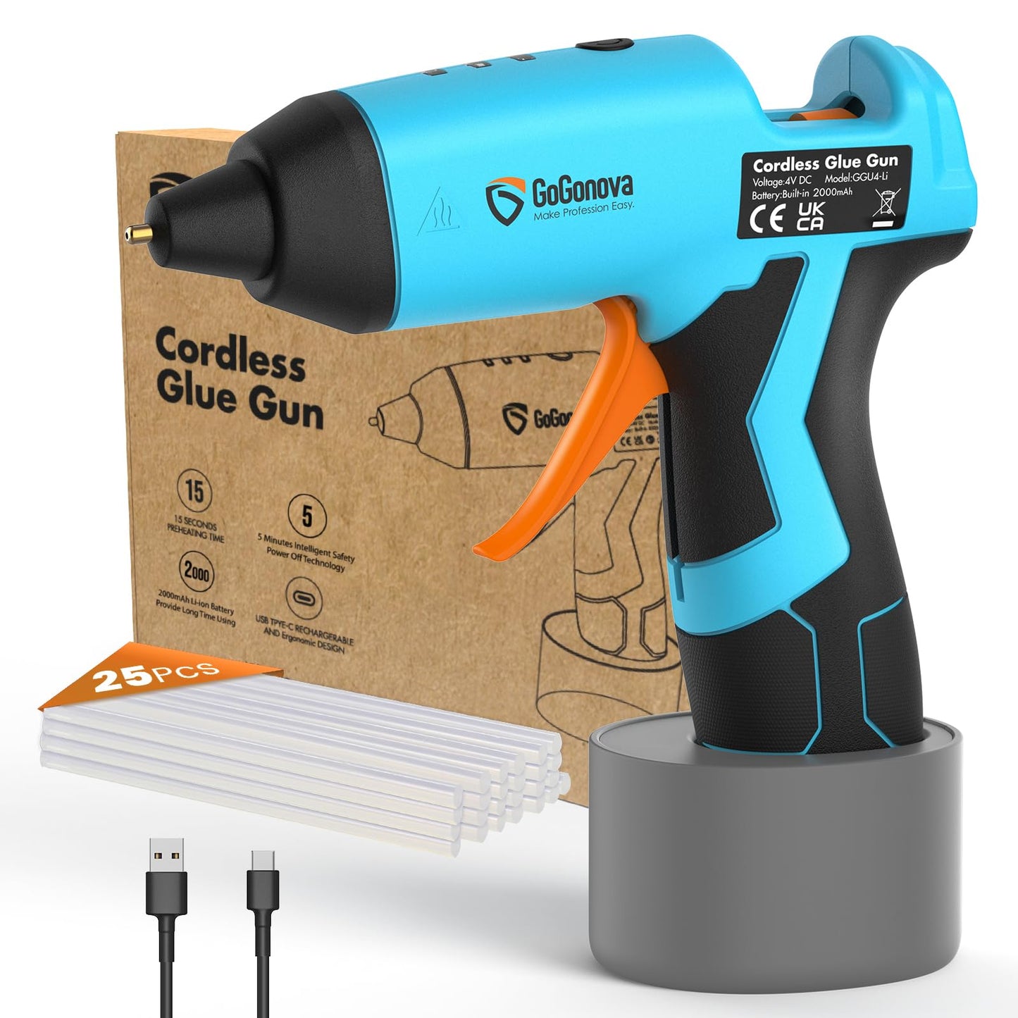 GoGonova Cordless Hot Glue Gun, 15s Fast Preheating with 2Ah Built-in Battery Hot Melt Glue Gun, Smart Power-Off, Kit with 25 Pcs Premium Mini Glue Sticks and USB-C Charging Port