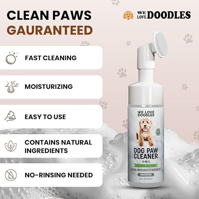 No-Rinse Dog Paw Cleaner with Built-in Silicone Bristle Brush | 3-in-1 Dirty Paw Washer Foaming Foot Cleaner for Muddy Pet Dogs & Cats | Gentle Moisturizing Waterless Shampoo - Unscented | 5 fl oz