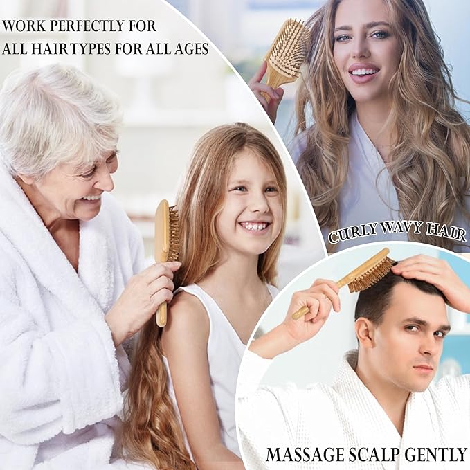 Bamboo Hair Brush Natural Hairbrush for Hair Growth, Paddle Hair Brushes for Women Men Kids Massage Scalp, Wooden Detangler Brush for Wet Curly Thick Fine Thin Hair, DIY Wedding Party Gifts
