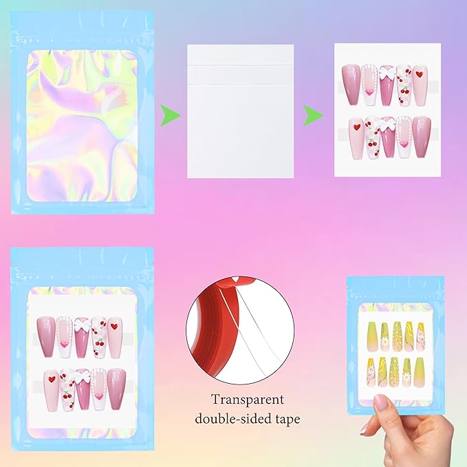 100PCS Empty Solid Blue Holographic Nail Storage Bag Press on Nail Packaging Bag and 100PCS Shiny white cardboard Nail Tips Packaging Bags with 1 Roll Transparent Tape