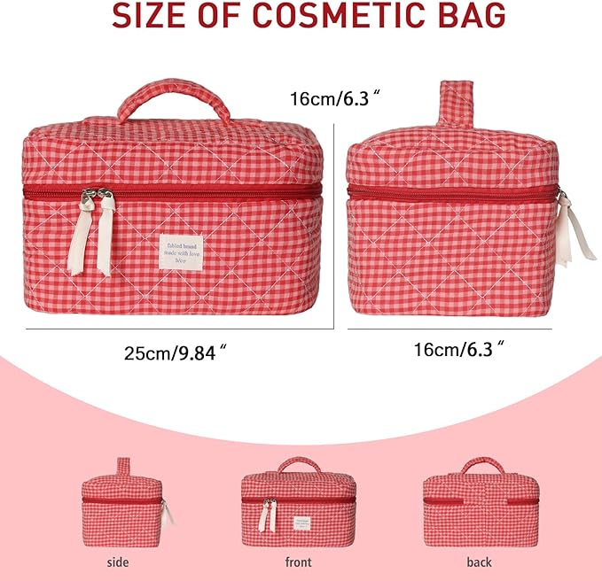 Large Makeup Bag, Cute Cosmetic Bag for Women Girls, Floral Coquette Aesthetic Toiletry Bag, Travel Make Up Organizer Bag(Red Checkered)