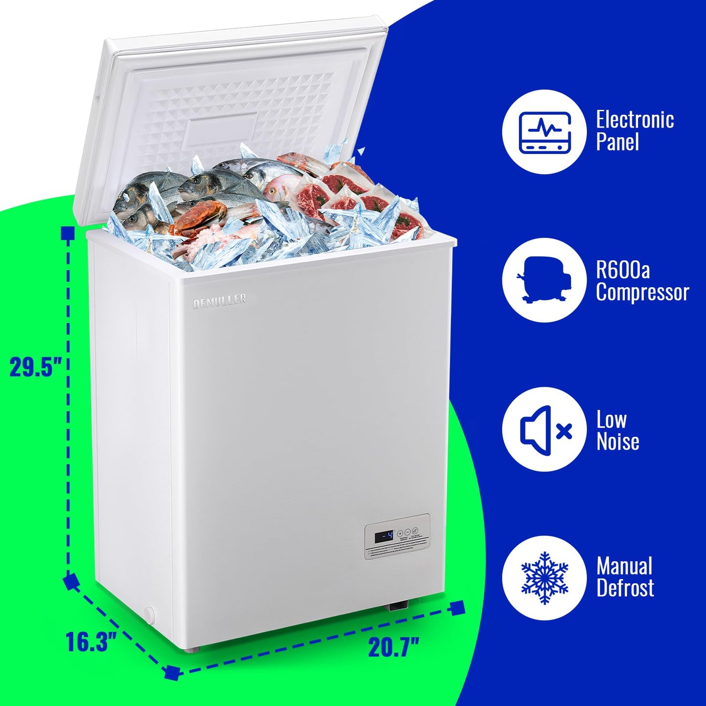 DEMULLER 3.5 Cu.ft Chest Freezer with Electronic Panel, Accurate Temperature Display to 1 ℉, White Deep Freezing Machine with 2 Removable Baskets, Compact Size for Any Space