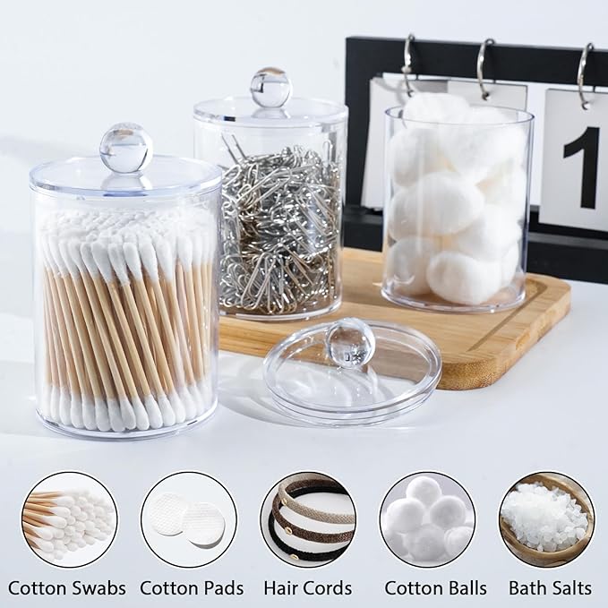 XIPENGKEJI 4 Pack Qtip Holder,Canister Apothecary Jar Set, Bathroom Jars with Lids Set for Cotton Swabs, Balls, Pads, Floss Picks,10oz-12oz Plastic Canisters Restroom Bedroom Vanity Organizer